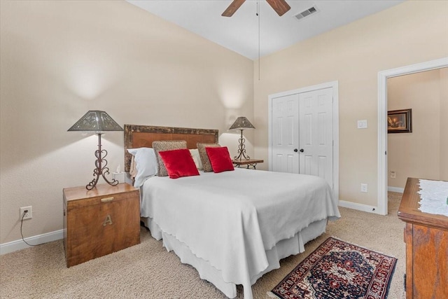 2052 Doolan Dr, Conroe, TX 77301 - bedroom with baseboards, carpet floors, a ceiling fan, a closet, and vaulted ceiling