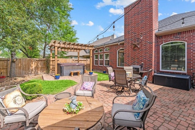 2052 Doolan Dr, Conroe, TX 77301 - view of patio / terrace with a hot tub, outdoor dining area, a fenced backyard, and a pergola