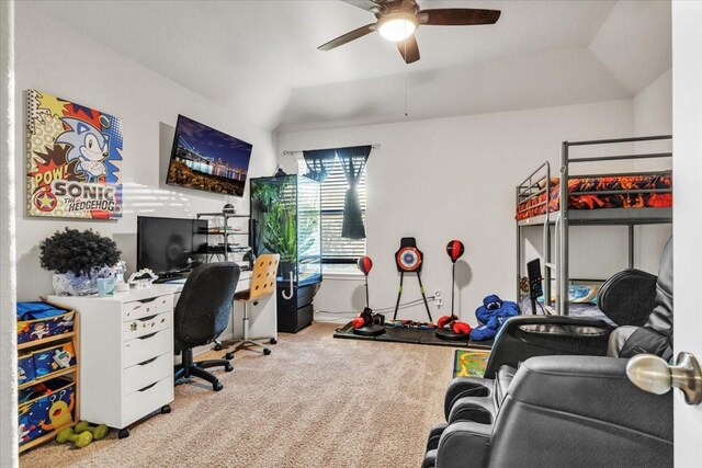 5510 Brooklyn Rose Dr, Rosharon, TX 77583 - carpeted home office featuring a ceiling fan and lofted ceiling