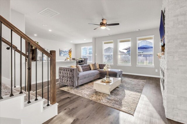 5510 Brooklyn Rose Dr, Rosharon, TX 77583 - living room with stairs, ceiling fan, wood finished floors, baseboards, and recessed lighting