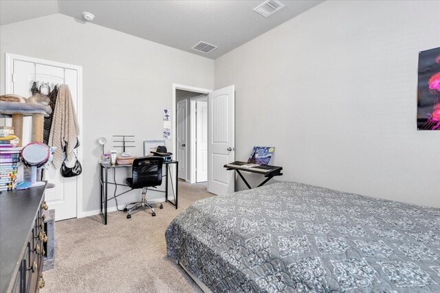 5510 Brooklyn Rose Dr, Rosharon, TX 77583 - bedroom with light carpet, vaulted ceiling, and a desk