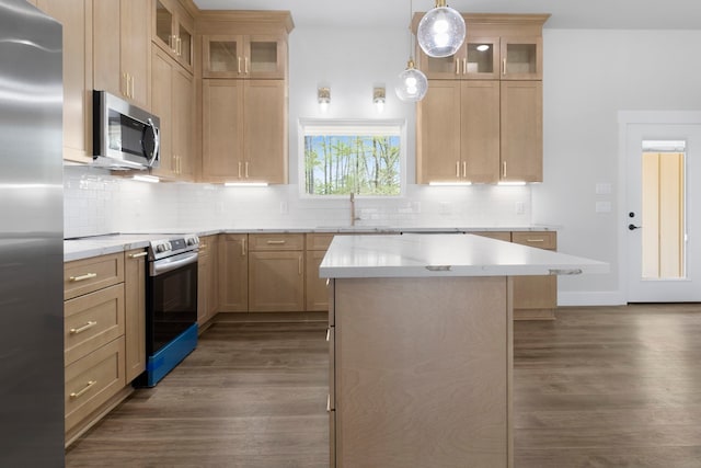 kitchen with a sink, tasteful backsplash, appliances with stainless steel finishes, and dark wood-type flooring
