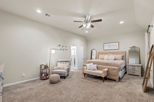 bedroom featuring vaulted ceiling, baseboards, light colored carpet, visible vents, and recessed lighting