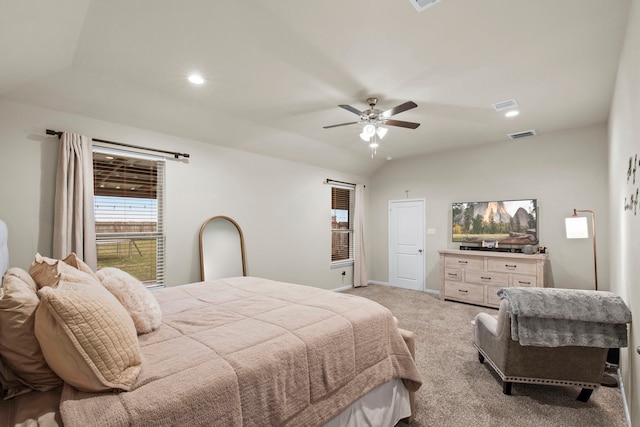 carpeted bedroom with vaulted ceiling, recessed lighting, baseboards, visible vents, and a ceiling fan