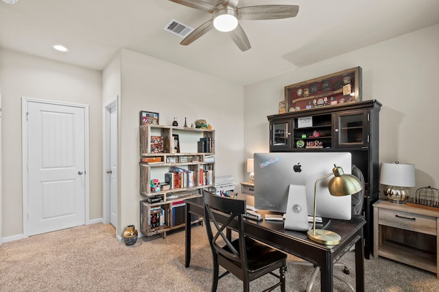 office space featuring carpet flooring, baseboards, visible vents, ceiling fan, and recessed lighting