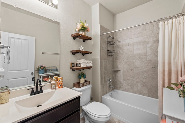 bathroom with toilet, shower / bath combo with shower curtain, and vanity