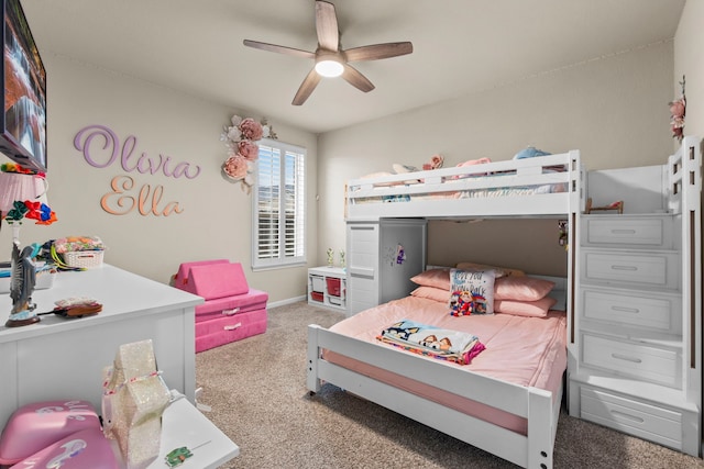 bedroom featuring baseboards, ceiling fan, and carpet floors