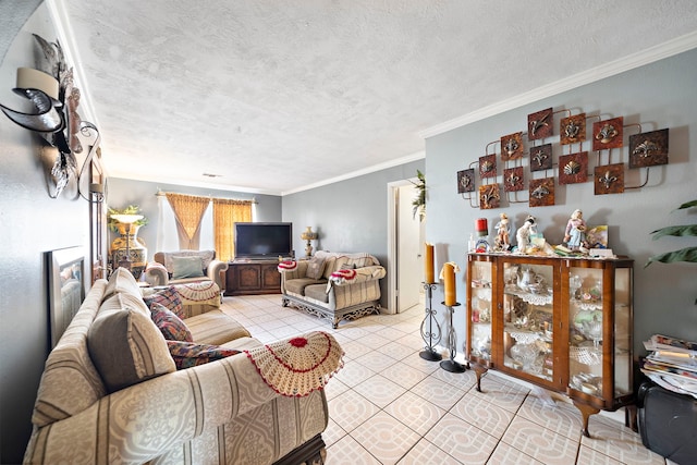 living room featuring light tile patterned floors, a textured ceiling, and ornamental molding
