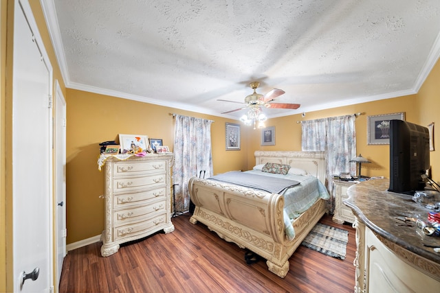 bedroom with multiple windows, crown molding, a textured ceiling, and dark wood-type flooring