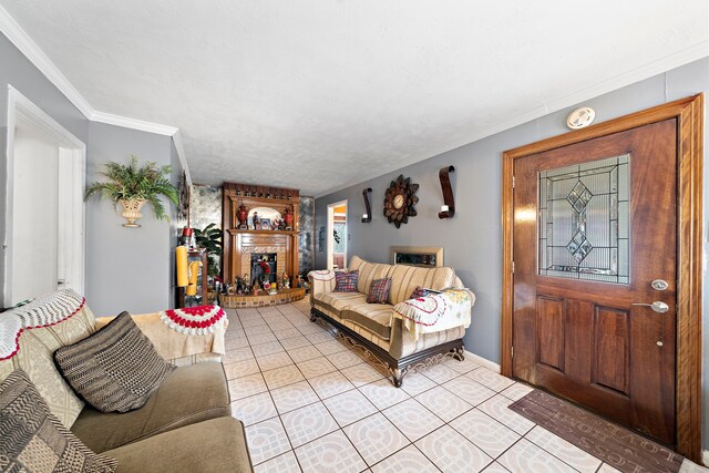 living area featuring baseboards, light tile patterned flooring, and crown molding