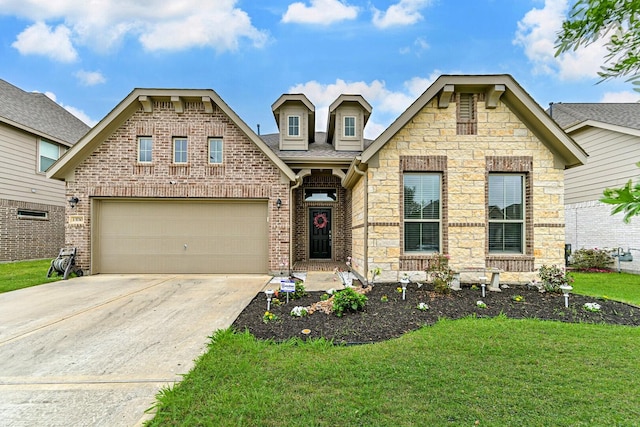 13710 Alaskan Brown Bear Trl, Crosby, TX 77532 - view of front facade with brick siding, stone siding, roof with shingles, a front lawn, and concrete driveway