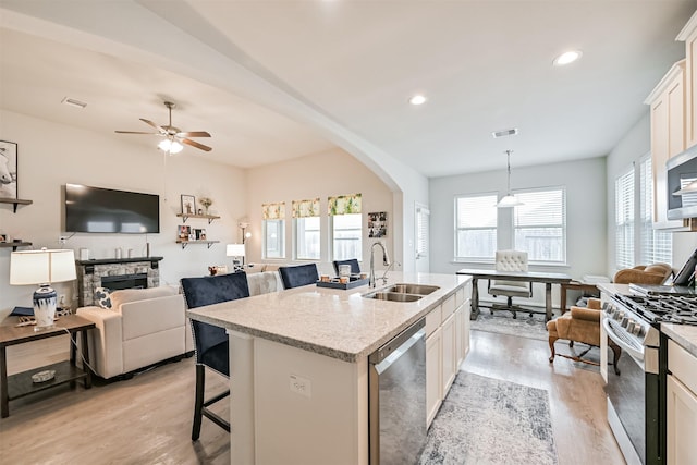 13710 Alaskan Brown Bear Trl, Crosby, TX 77532 - kitchen featuring light wood finished floors, a sink, stainless steel appliances, visible vents, and open floor plan
