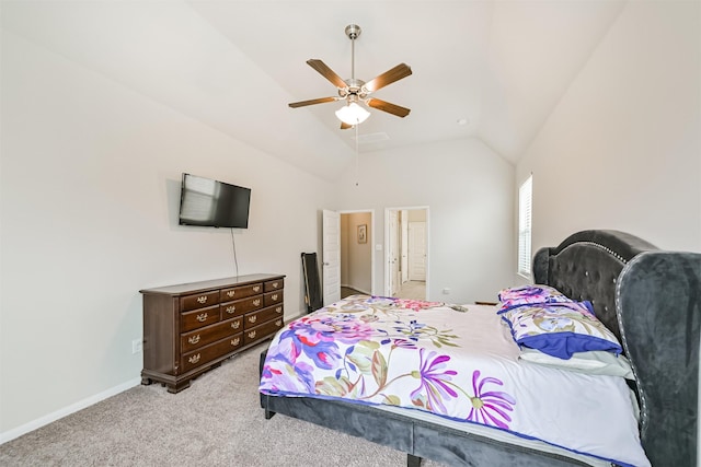 13710 Alaskan Brown Bear Trl, Crosby, TX 77532 - bedroom with light colored carpet, ceiling fan, vaulted ceiling, and baseboards