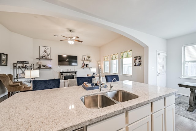 13710 Alaskan Brown Bear Trl, Crosby, TX 77532 - kitchen with arched walkways, a sink, wood finished floors, and open floor plan