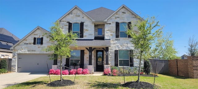 1627 Carriage Oaks Ln, Katy, TX 77494 - view of front facade with a garage, fence, stone siding, and a front lawn