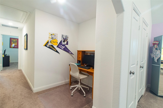 1627 Carriage Oaks Ln, Katy, TX 77494 - carpeted office featuring visible vents, baseboards, and attic access