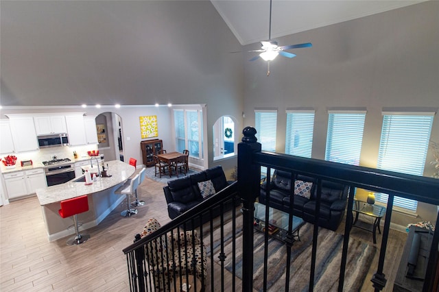 1627 Carriage Oaks Ln, Katy, TX 77494 - living room featuring arched walkways, ceiling fan, light wood-style floors, crown molding, and high vaulted ceiling
