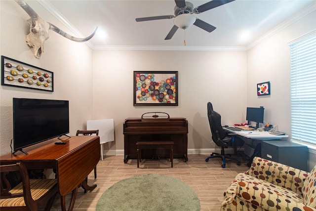 1627 Carriage Oaks Ln, Katy, TX 77494 - office area featuring ceiling fan, baseboards, crown molding, and wood finished floors