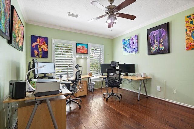 12510 Beauline Abbey St, Tomball, TX 77377 - office space featuring ceiling fan, ornamental molding, wood-type flooring, and visible vents