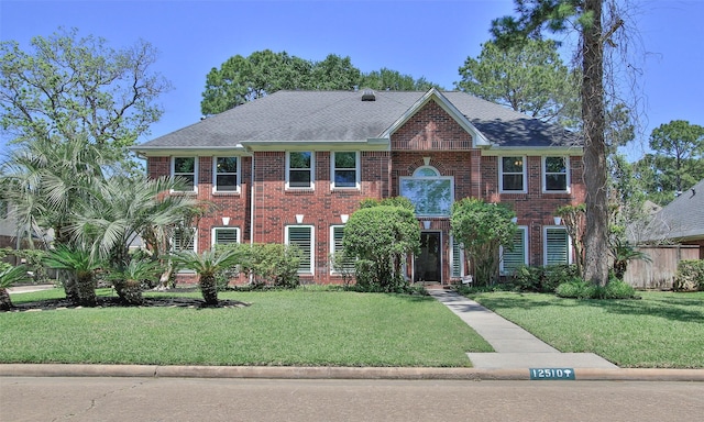 12510 Beauline Abbey St, Tomball, TX 77377 - view of front of house with a shingled roof, a front lawn, and brick siding
