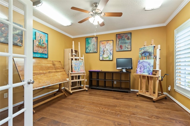 12510 Beauline Abbey St, Tomball, TX 77377 - sitting room featuring crown molding, baseboards, a ceiling fan, and wood finished floors