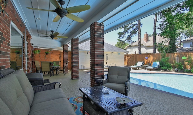 12510 Beauline Abbey St, Tomball, TX 77377 - view of patio with a ceiling fan, an outdoor living space, outdoor dining area, a fenced backyard, and a fenced in pool