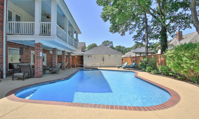 12510 Beauline Abbey St, Tomball, TX 77377 - view of swimming pool with a patio area, a fenced in pool, ceiling fan, and a fenced backyard