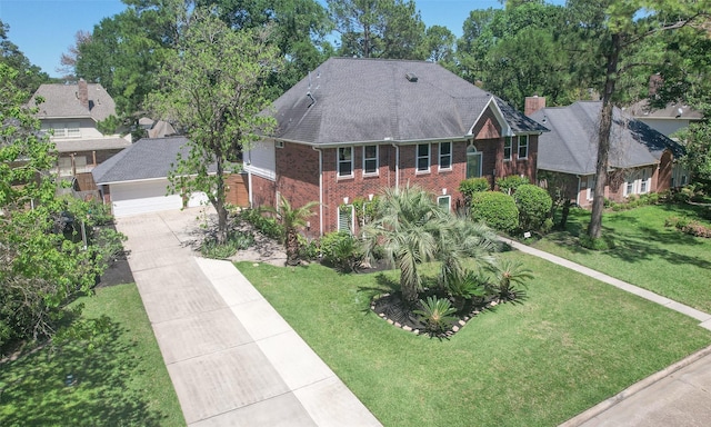 12510 Beauline Abbey St, Tomball, TX 77377 - view of front of home featuring a front lawn, brick siding, driveway, and a chimney