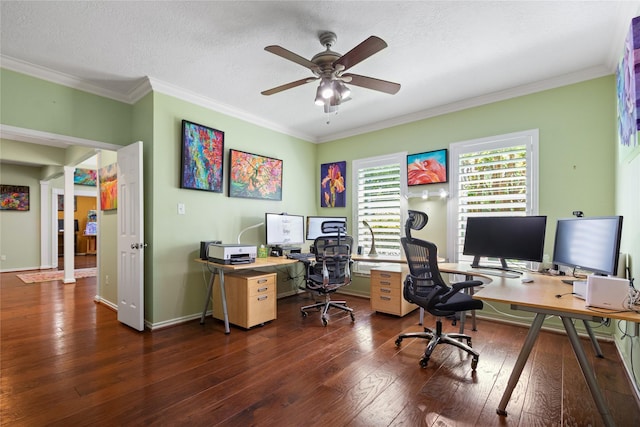 12510 Beauline Abbey St, Tomball, TX 77377 - home office featuring a ceiling fan, a textured ceiling, ornamental molding, and dark wood-style floors