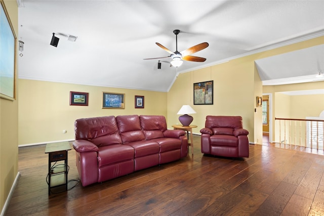 12510 Beauline Abbey St, Tomball, TX 77377 - living area featuring lofted ceiling, visible vents, ceiling fan, crown molding, and hardwood / wood-style floors