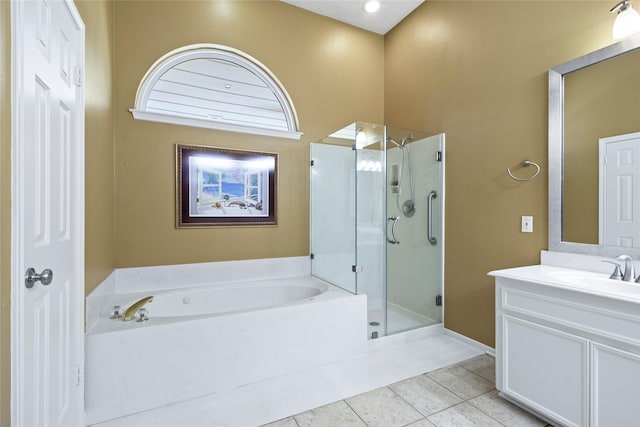 12510 Beauline Abbey St, Tomball, TX 77377 - full bathroom featuring a stall shower, tile patterned flooring, a garden tub, and vanity