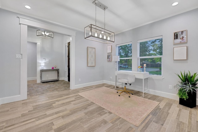 2711 Constantine St, New Caney, TX 77357 - home office featuring a chandelier, baseboards, wood finished floors, recessed lighting, and ornamental molding