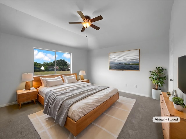 19431 Cypress Royal Dr, Katy, TX 77449 - bedroom featuring carpet, lofted ceiling, baseboards, and ceiling fan