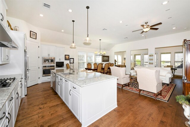 5314 Tribolo Trl, Round Rock, TX 78665 - kitchen with open floor plan, ceiling fan with notable chandelier, a sink, visible vents, and appliances with stainless steel finishes