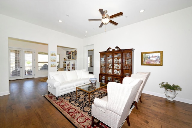 5314 Tribolo Trl, Round Rock, TX 78665 - living room with recessed lighting, french doors, baseboards, a ceiling fan, and wood finished floors