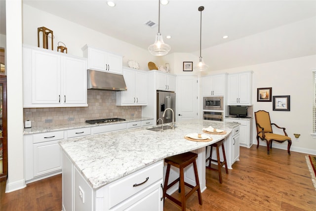 5314 Tribolo Trl, Round Rock, TX 78665 - kitchen featuring white cabinets, appliances with stainless steel finishes, under cabinet range hood, a sink, and backsplash