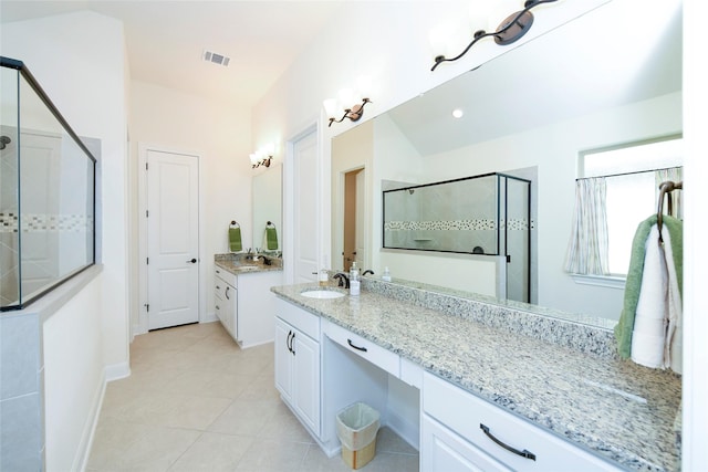 5314 Tribolo Trl, Round Rock, TX 78665 - full bath with visible vents, baseboards, vanity, a stall shower, and tile patterned flooring