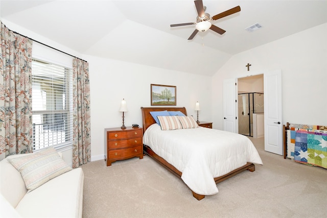 5314 Tribolo Trl, Round Rock, TX 78665 - bedroom featuring visible vents, baseboards, ceiling fan, vaulted ceiling, and light colored carpet