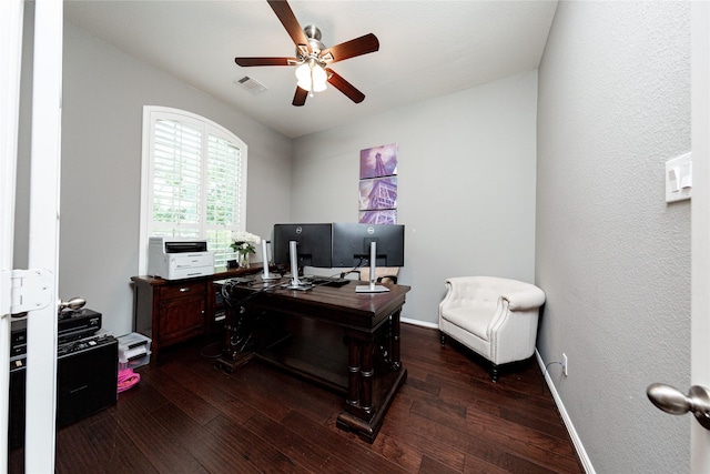 6014 Barrett Cove Ct, Richmond, TX 77407 - office featuring visible vents, baseboards, dark wood-type flooring, and ceiling fan