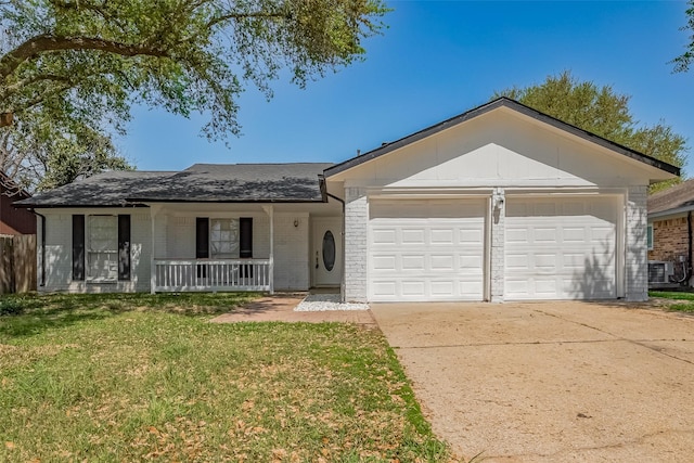 6219 Canada Dr, Pasadena, TX 77505 - ranch-style house with an attached garage, a porch, a front yard, and brick siding