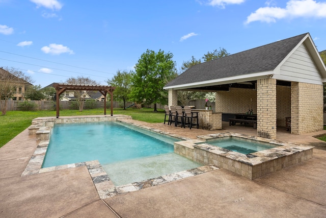 view of pool featuring a gazebo, a fenced backyard, outdoor dry bar, and a patio