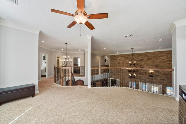 27603 Siandra Creek Ln, Spring, TX 77386 - living room with a chandelier, carpet flooring, a ceiling fan, recessed lighting, and crown molding