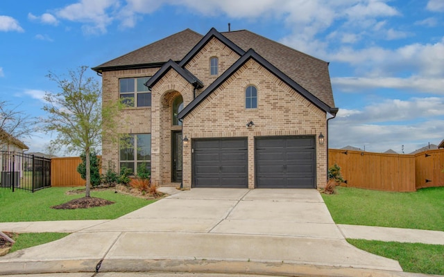 693 Cape Capri Dr, Katy, TX 77493 - view of front of house featuring fence, a front yard, brick siding, roof with shingles, and driveway