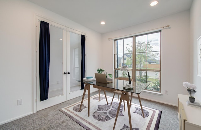 693 Cape Capri Dr, Katy, TX 77493 - carpeted office with baseboards, a healthy amount of sunlight, french doors, and recessed lighting