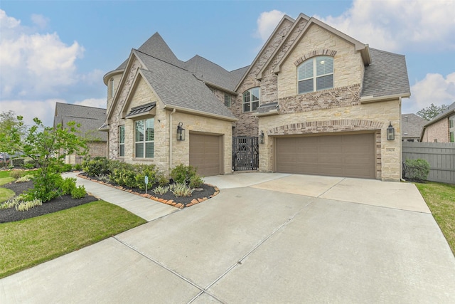 17429 Orchid Falls Ln, Conroe, TX 77302 - french country home featuring stone siding, a shingled roof, concrete driveway, and an attached garage
