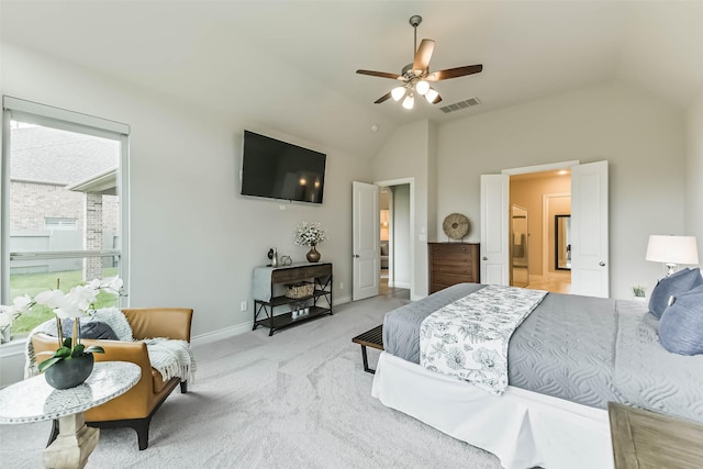 17429 Orchid Falls Ln, Conroe, TX 77302 - bedroom featuring lofted ceiling, light carpet, baseboards, and a ceiling fan