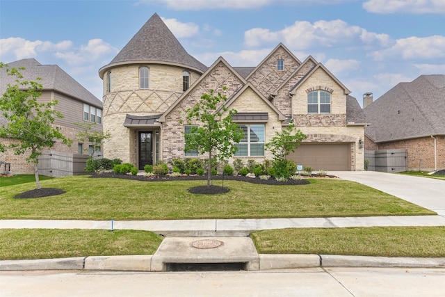 17429 Orchid Falls Ln, Conroe, TX 77302 - french country style house featuring concrete driveway, an attached garage, a standing seam roof, and stone siding