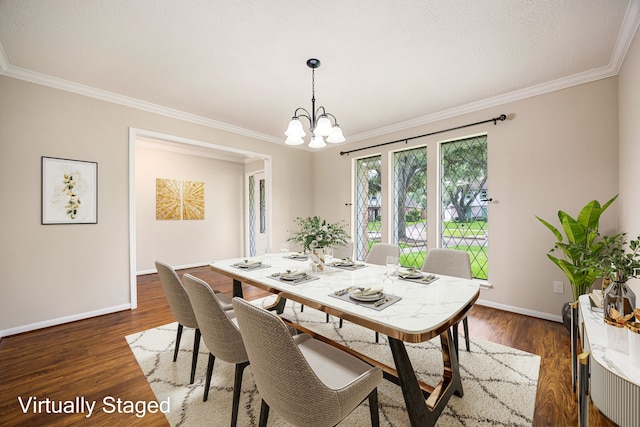 11814 Drexelbrook Dr, Houston, TX 77077 - dining space with crown molding, dark wood-style floors, and a chandelier