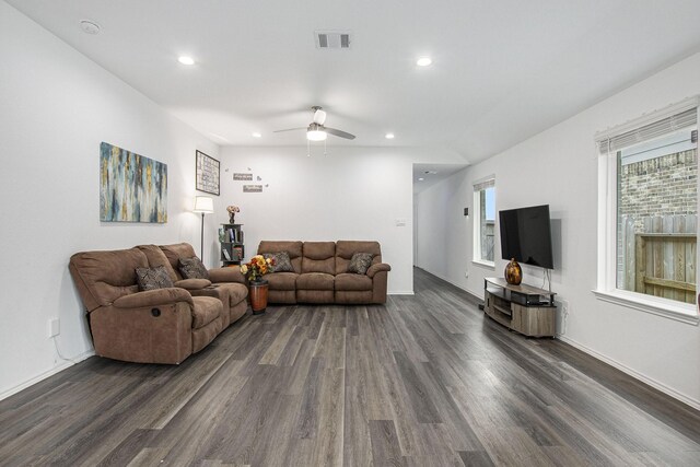 4984 Pismo Ray Dr, Katy, TX 77493 - living area featuring visible vents, recessed lighting, a ceiling fan, and dark wood finished floors
