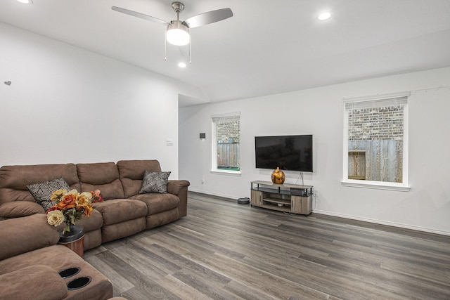 4984 Pismo Ray Dr, Katy, TX 77493 - living area featuring baseboards, wood finished floors, ceiling fan, and recessed lighting